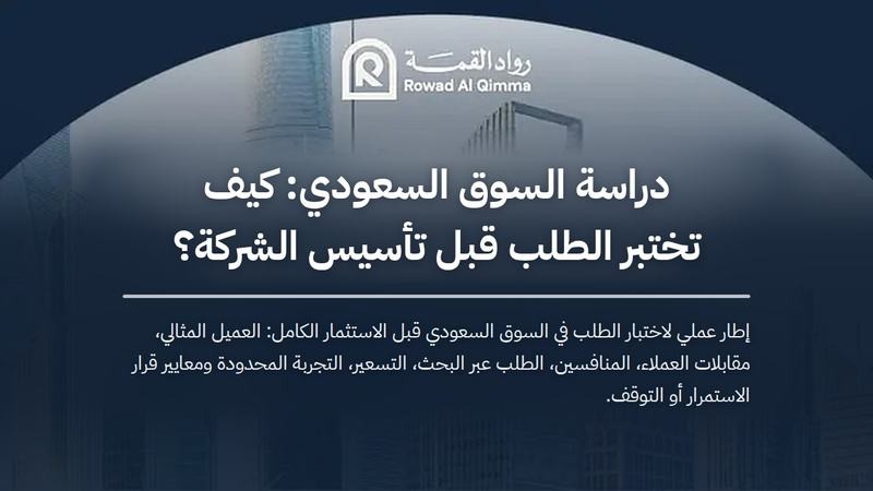 إطار عملي لاختبار الطلب في السوق السعودي قبل الاستثمار الكامل: العميل المثالي، مقابلات العملاء، المنافسين، الطلب عبر البحث، التسعير، التجربة المحدودة ومعايير قرار الاستمرار أو التوقف.